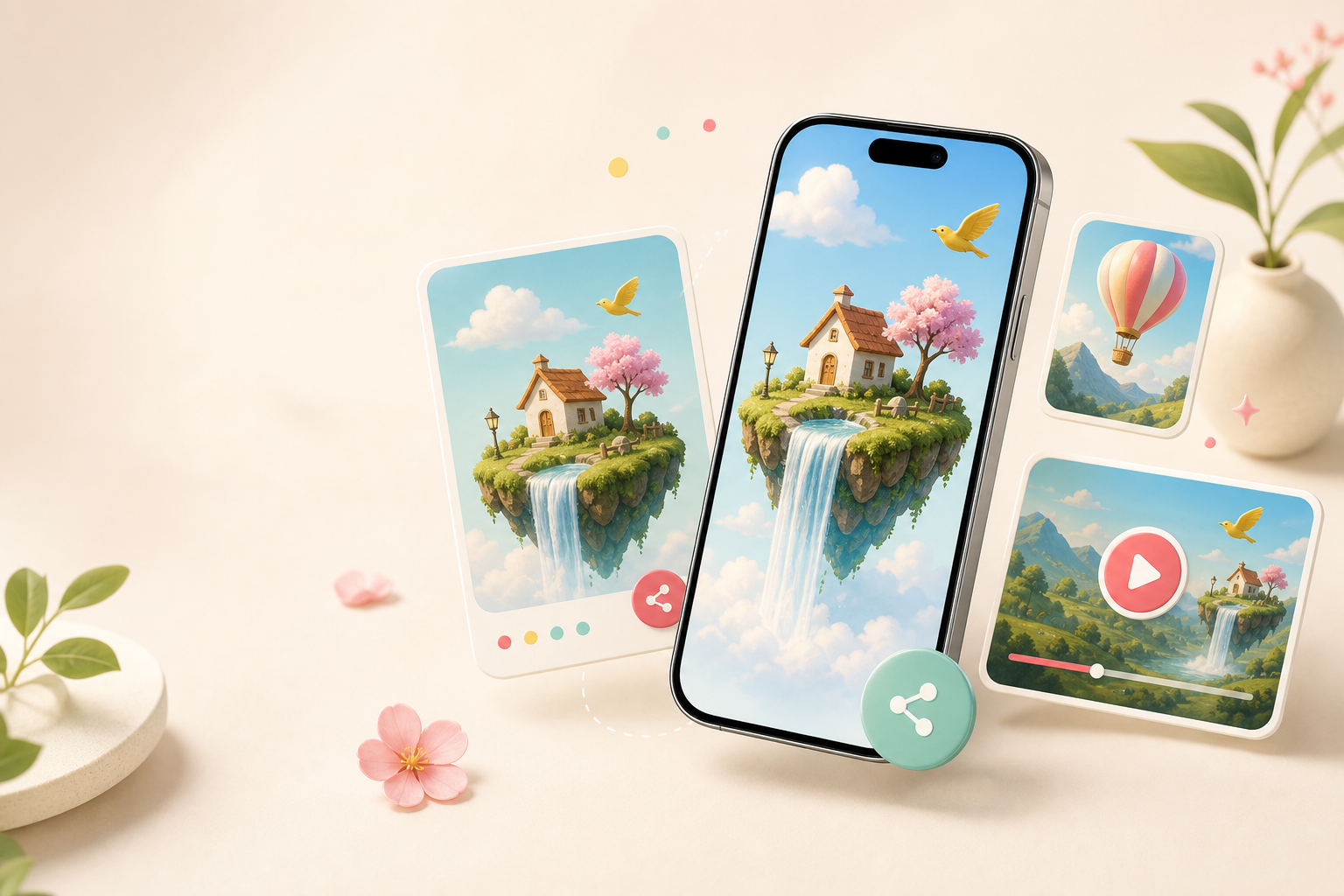 A Picopie phone mockup surrounded by playful visual cards.